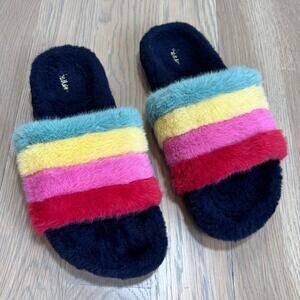 Boden Rainbow Fuzzy Slippers Faux Fur Slides Women’s Size 8.5 (39)
